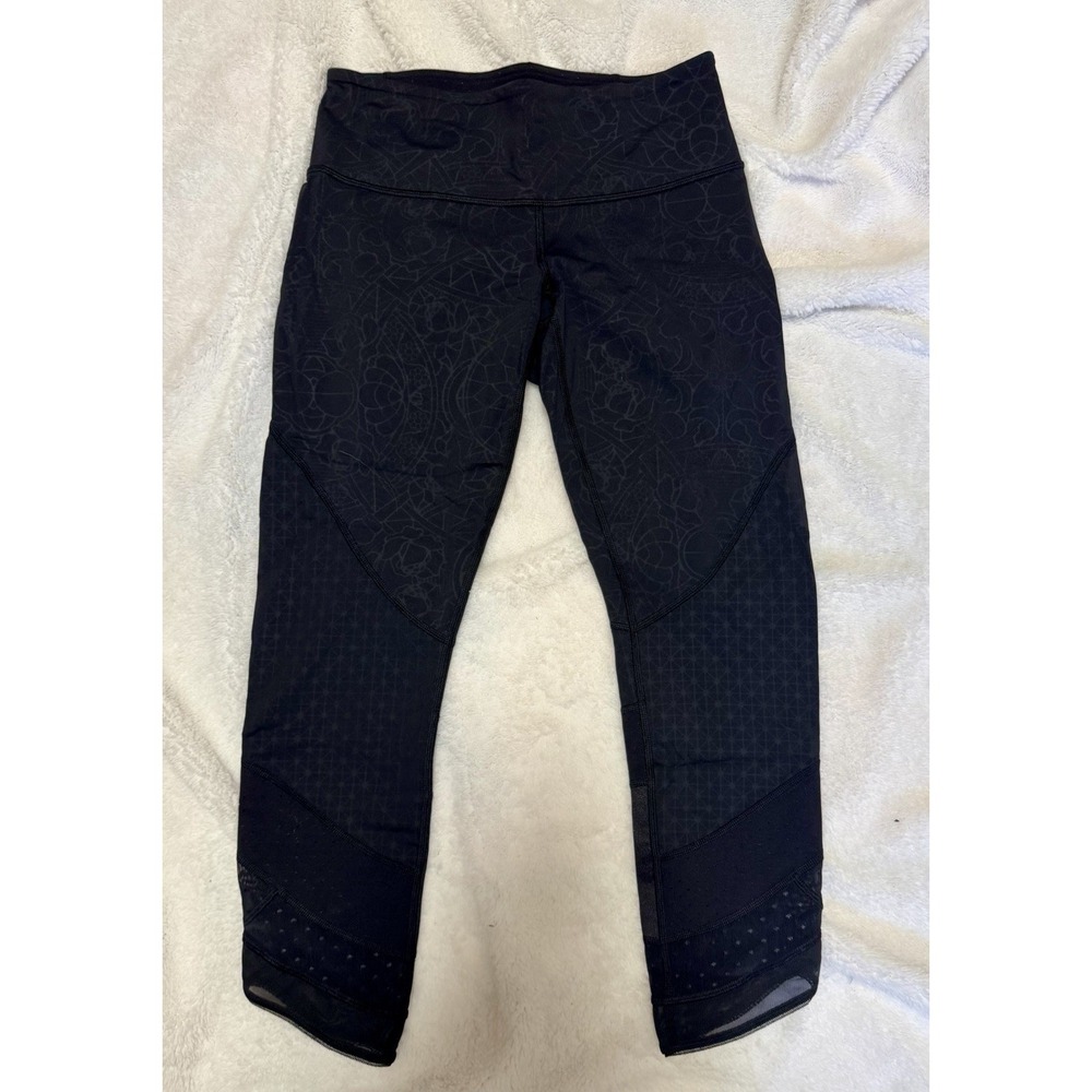 Lululemon Run Inspire Crop II Leggings Women's Sz 6 Black Tonal Floral Mesh Pane